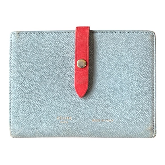 EUC Celine Medium Strap Wallet in Bicolor Grained Calfskin - Pale Blue/Coral